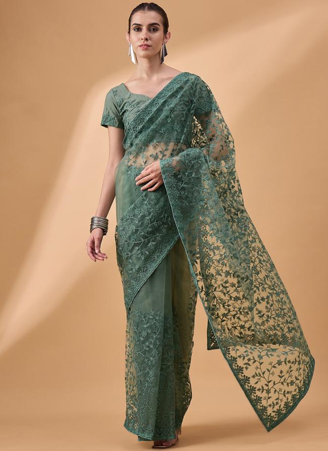 Net Green Party Wear Floral Saree